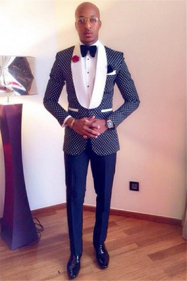 One Button Navy Blue Polka Dot Shawl Lapel Wedding Groom Suit-Dbrbridal
