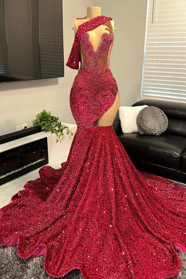One shoulder Burgundy Sequin Prom Dresses with cutout-Dbrbridal