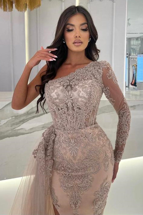 One Shoulder Long Sleeve Mermaid Evening Prom Dresses with Split Lace Appliques and Ruffles-Dbrbridal