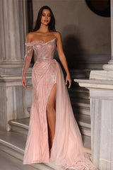 One-Shoulder Long-Sleeve Sheath with High Slit Beadings and Tulle Ruffle-Dbrbridal