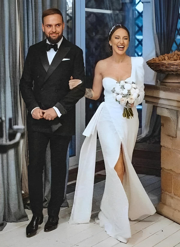 One-Shoulder Long Sleeves Sweep Train Satin Sequined Wedding Dresses-Dbrbridal