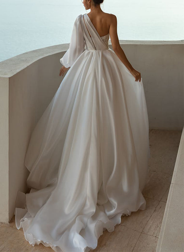 One-Shoulder Long Sleeves Sweep Train Wedding Dresses-Dbrbridal