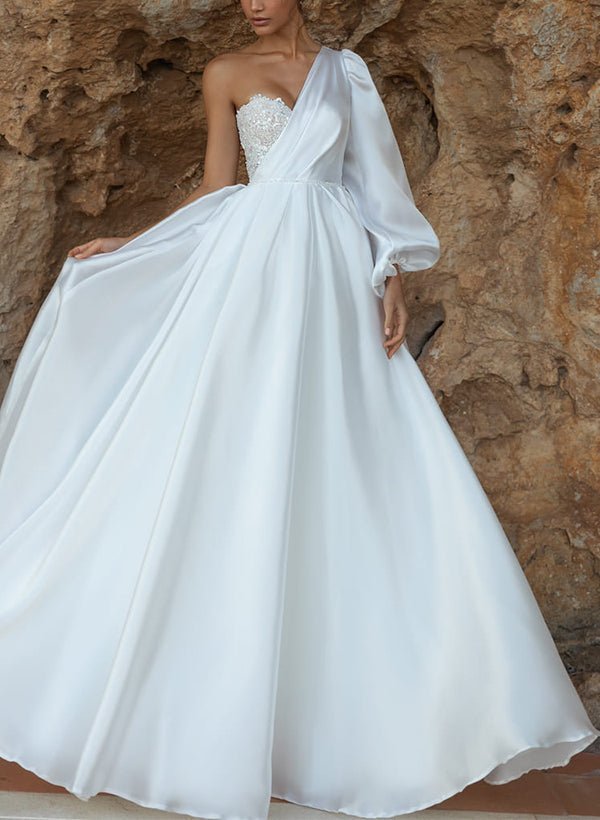 One-Shoulder Long Sleeves Sweep Train Wedding Dresses-Dbrbridal