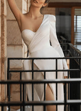 One-Shoulder Long Sleeves Wedding Dress Split Front-Dbrbridal