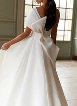 One-Shoulder Organza Sweep Train Wedding Dress Lace Appliques-Dbrbridal