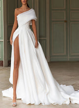 One-Shoulder Organza Sweep Train Wedding Dress Lace Appliques-Dbrbridal