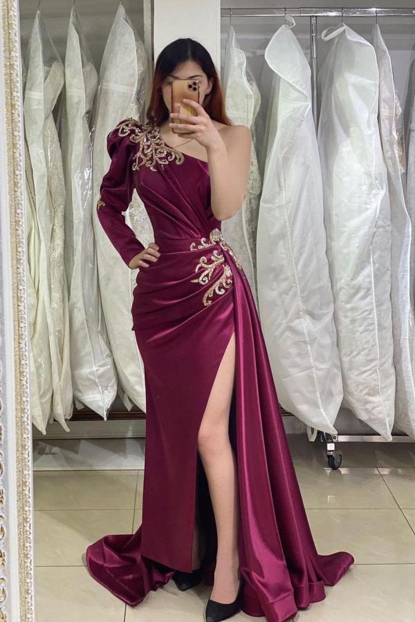 One Shoulder Prom Dress Split With Appliques Long Sleeves-Dbrbridal