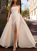 One Shoulder Satin A Line Beading Wedding Dresses-Dbrbridal