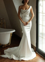 One-Shoulder Sleeveless Satin Wedding Dresses-Dbrbridal