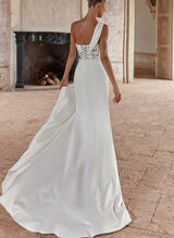One-Shoulder Sleeveless Satin Wedding Dresses High Split-Dbrbridal