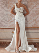 One-Shoulder Sleeveless Satin Wedding Dresses High Split-Dbrbridal