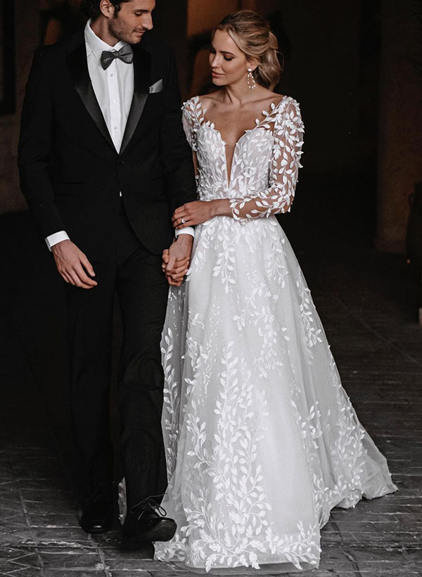 Open Back Lace Long Sleeves Sweep Train Wedding Dresses-Dbrbridal