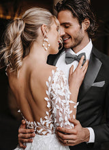 Open Back Lace Long Sleeves Sweep Train Wedding Dresses-Dbrbridal