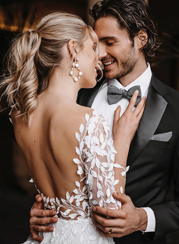 Open Back Lace Long Sleeves Sweep Train Wedding Dresses-Dbrbridal