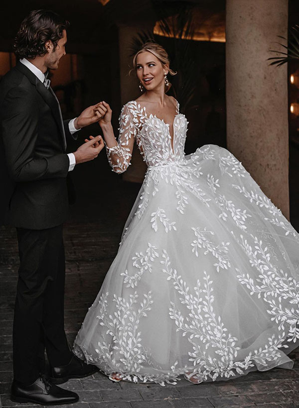 Open Back Lace Long Sleeves Sweep Train Wedding Dresses-Dbrbridal