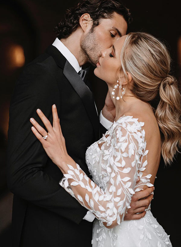 Open Back Lace Long Sleeves Sweep Train Wedding Dresses-Dbrbridal