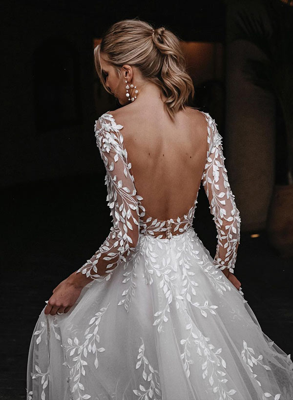 Open Back Lace Long Sleeves Sweep Train Wedding Dresses-Dbrbridal
