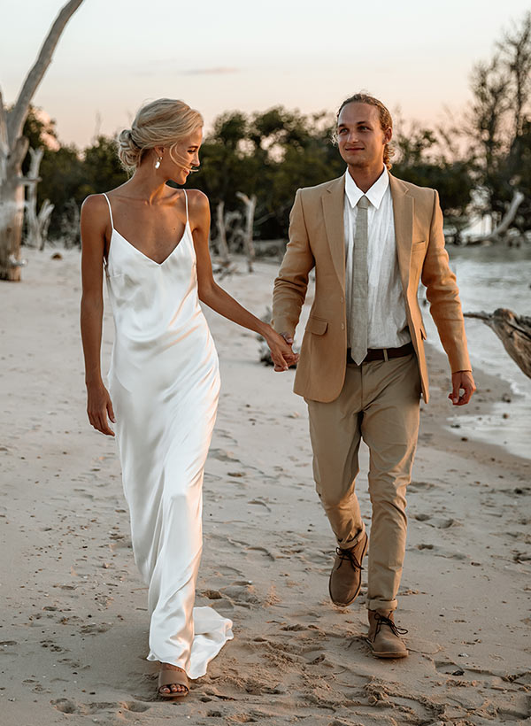 Open Back Silk Like Satin Spaghetti Straps Summer Beach Wedding Dress-Dbrbridal