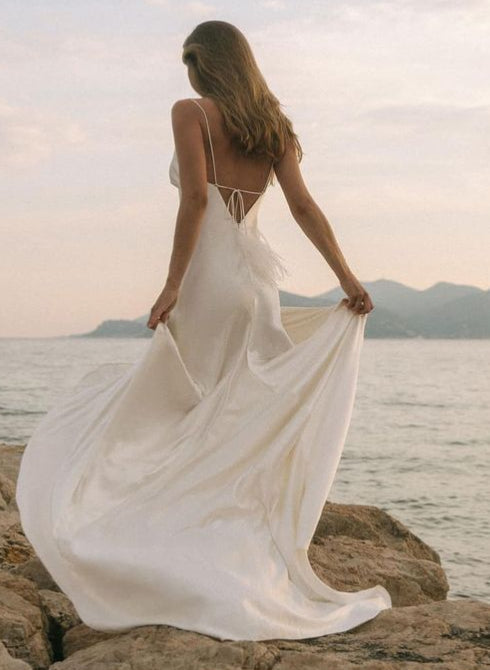 Open Back V-Neck Sleeveless Silk Like Satin Wedding Dresses Split Front for the Summer Beach