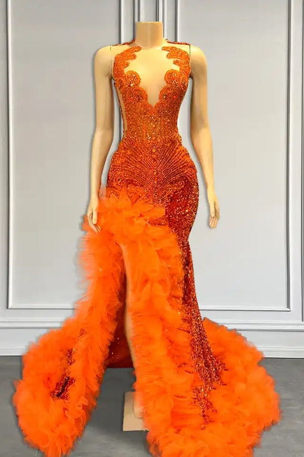 Orange Sleeveless Mermaid Prom Dress with Side Slit and Tulle Beadings-Dbrbridal