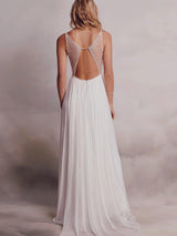 Peal Summer Beach Wedding Dresses Tulle Sweep Train-Dbrbridal