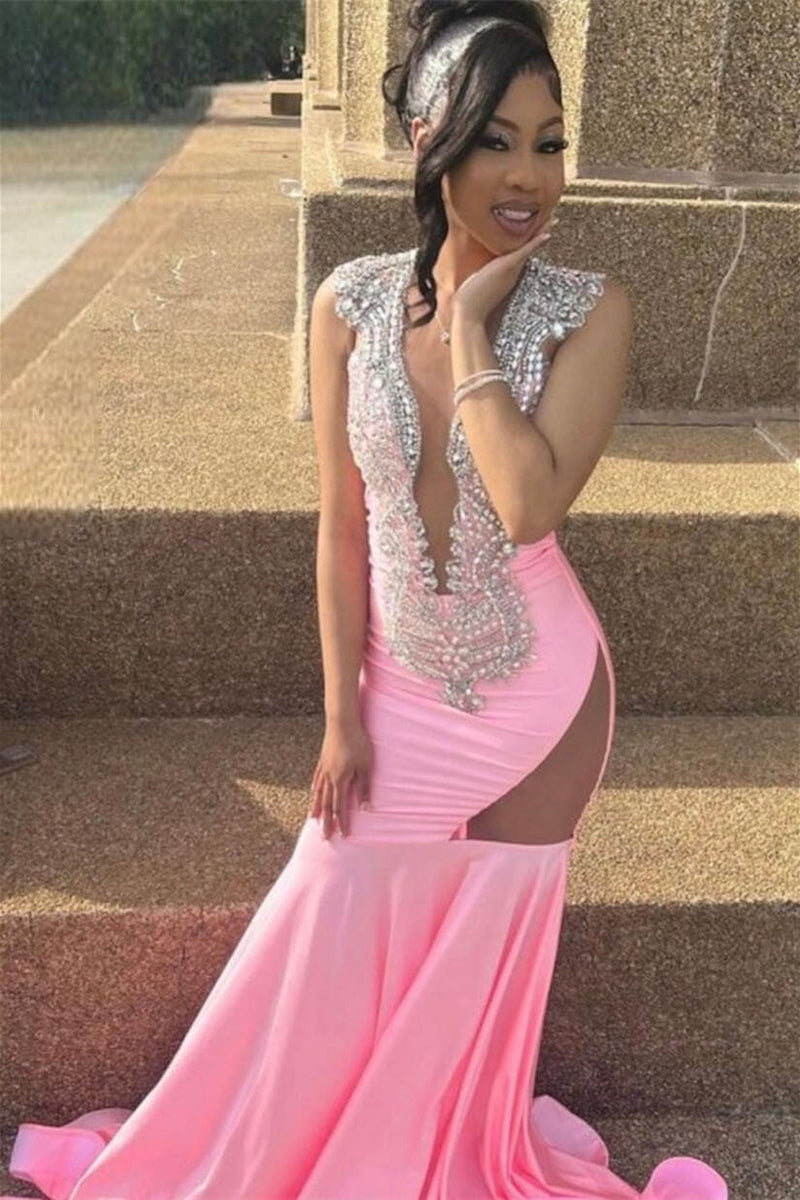 Pink Deep V Neck Sleeveless Mermaid Prom Dresses With Beadings-Dbrbridal