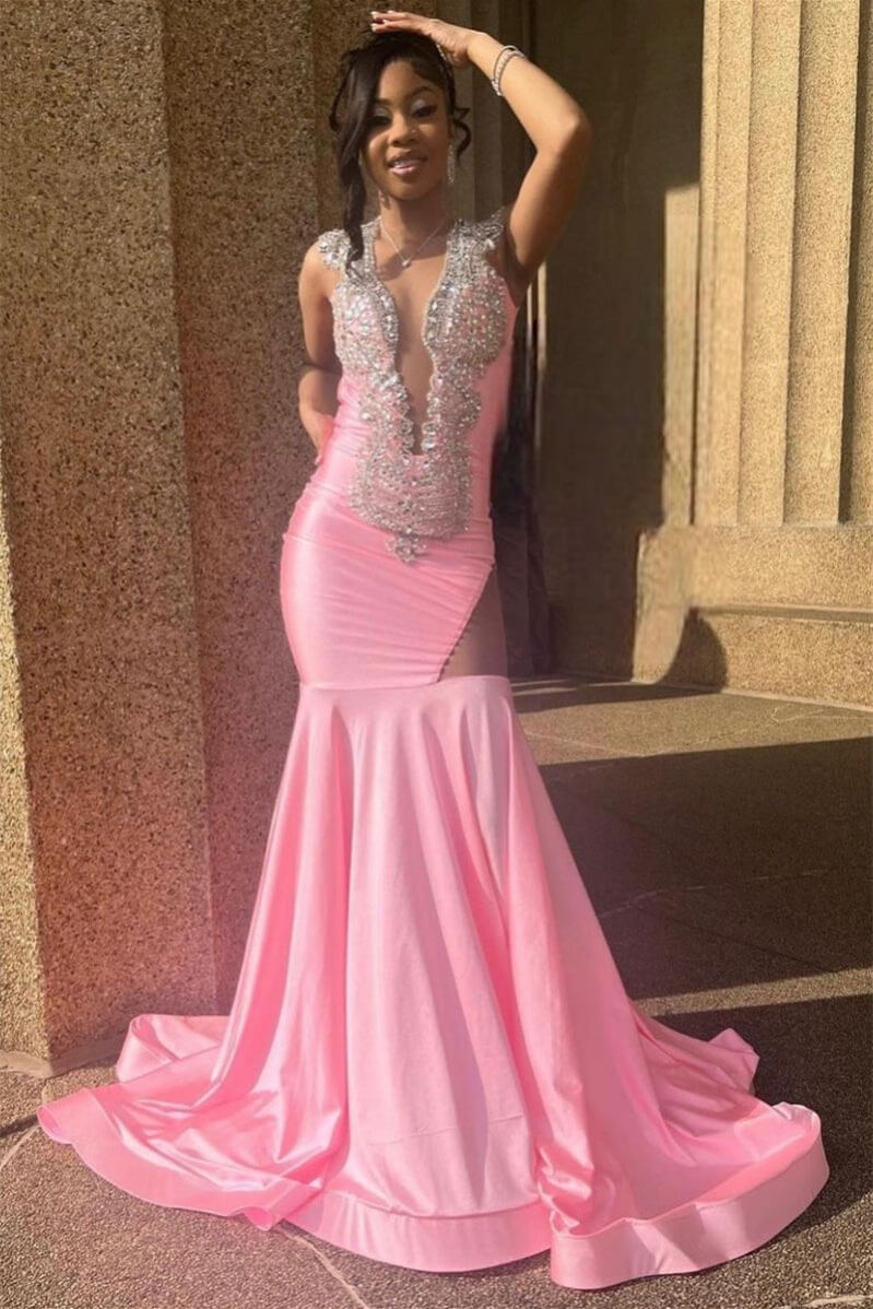 Pink Deep V Neck Sleeveless Mermaid Prom Dresses With Beadings-Dbrbridal