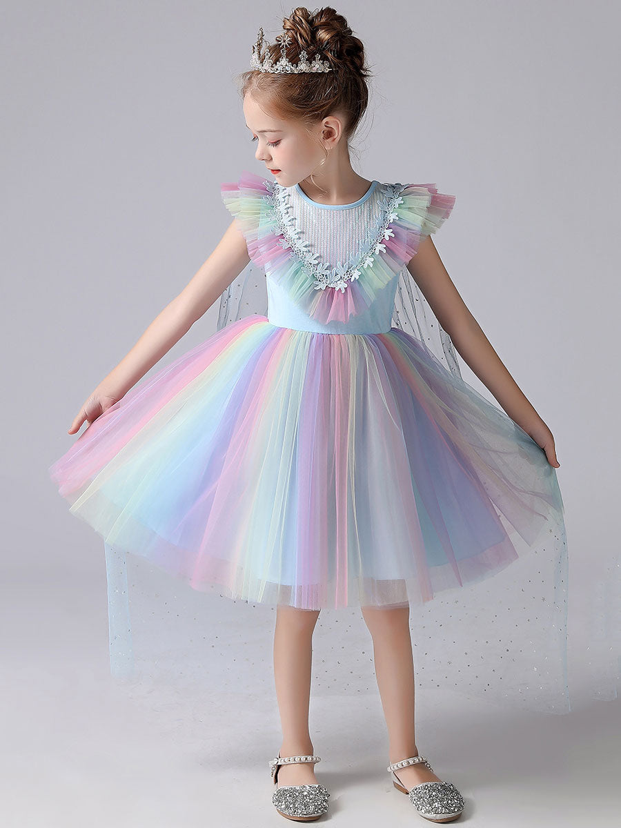 Jewel Neck Lace Short Sleeves Short Kids Social Party Princess Dresses