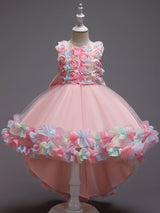 Pink Jewel Neck Sleeveless Bows Flowers Tulle Polyester Cotton Formal Kids Pageant flower girl dresses-Dbrbridal