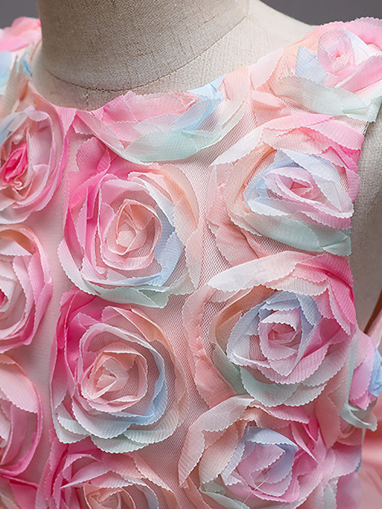 Pink Jewel Neck Sleeveless Bows Flowers Tulle Polyester Cotton Formal Kids Pageant flower girl dresses-Dbrbridal