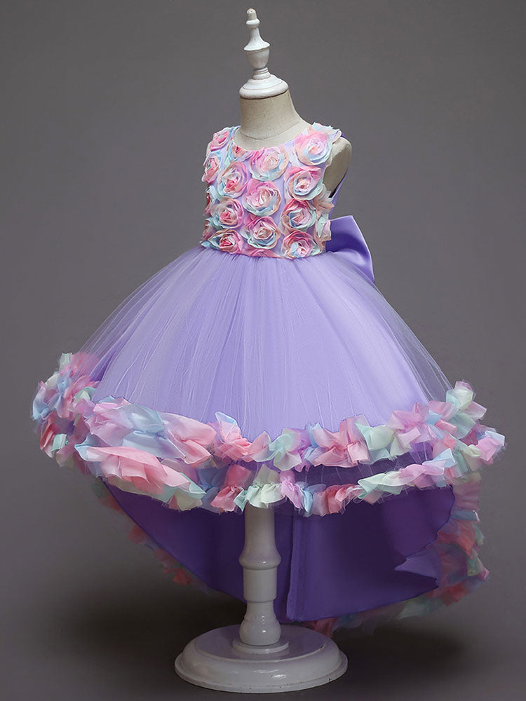 Pink Jewel Neck Sleeveless Bows Flowers Tulle Polyester Cotton Formal Kids Pageant flower girl dresses-Dbrbridal