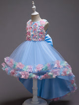 Pink Jewel Neck Sleeveless Bows Flowers Tulle Polyester Cotton Formal Kids Pageant flower girl dresses-Dbrbridal
