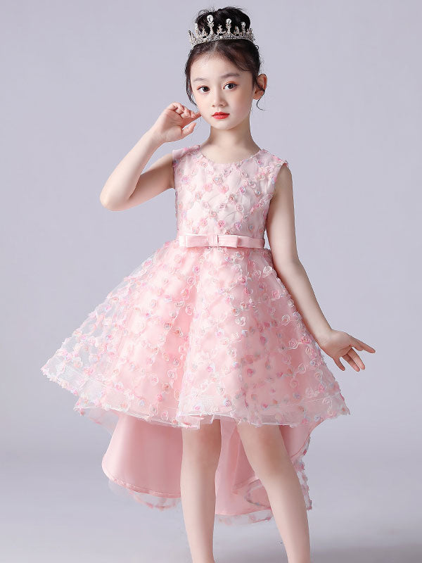 Pink Jewel Neck Sleeveless Bows Formal Kids Pageant flower girl dressesLace Princess Dress-Dbrbridal