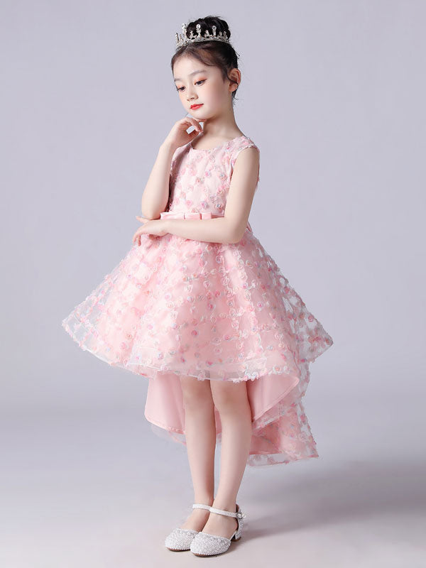 Pink Jewel Neck Sleeveless Bows Formal Kids Pageant flower girl dressesLace Princess Dress-Dbrbridal
