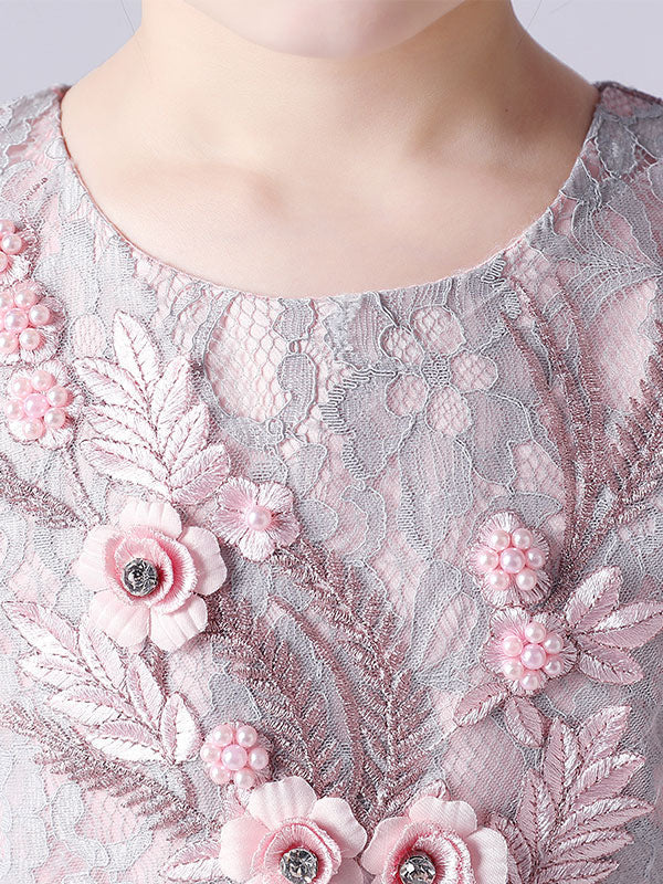 Pink Jewel Neck Sleeveless Short Princess Lace Flowers Kids Social Party Dresses-Dbrbridal