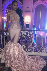 Pink Lace Party Dresses Mermaid Evening Gowns With Bottom Flowers-Dbrbridal
