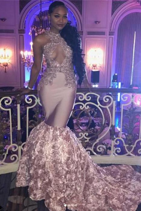 Pink Lace Party Dresses Mermaid Evening Gowns With Bottom Flowers-Dbrbridal