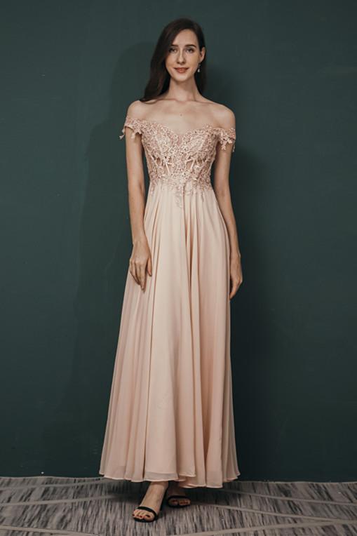 Pink Lace-up Off-the-shoulder Chiffon Formal Dress Online-Dbrbridal