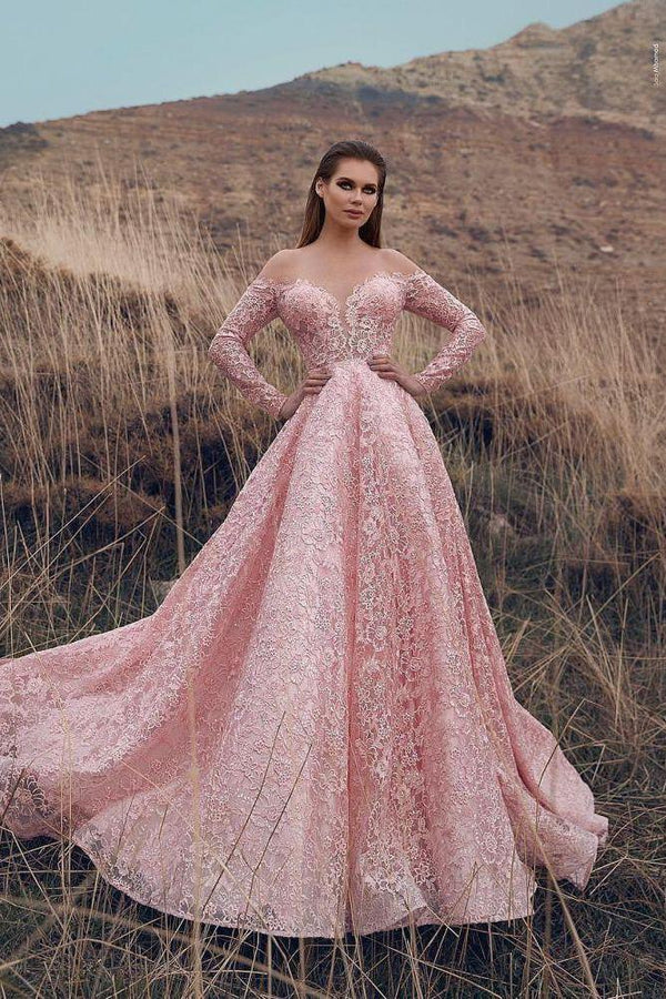 Pink Off-The-Shoulder Long Sleeves Lace Applique Princess A-Line Prom Dresses-Dbrbridal