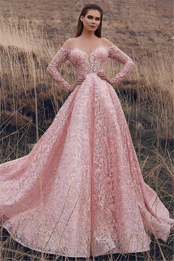Pink Off-The-Shoulder Long Sleeves Lace Applique Princess A-Line Prom Dresses-Dbrbridal