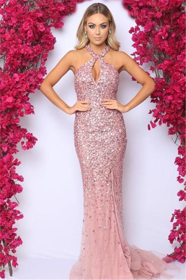 Pink Sleeveless Mermaid Evening Dresses Online Chic Crystals Split Formal Dresses-Dbrbridal