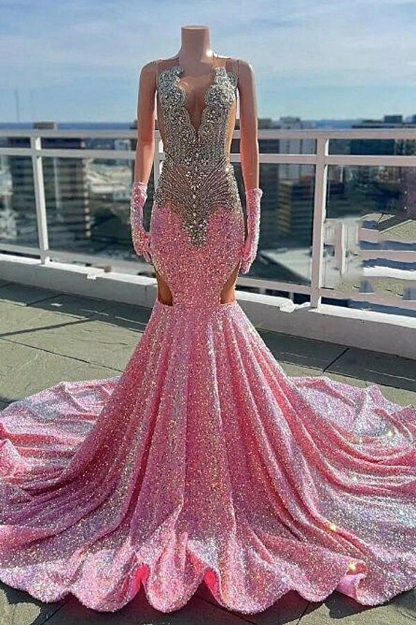 Pink Sleeveless Scoop Mermaid Prom Dresses With Sequins and Beadings-Dbrbridal
