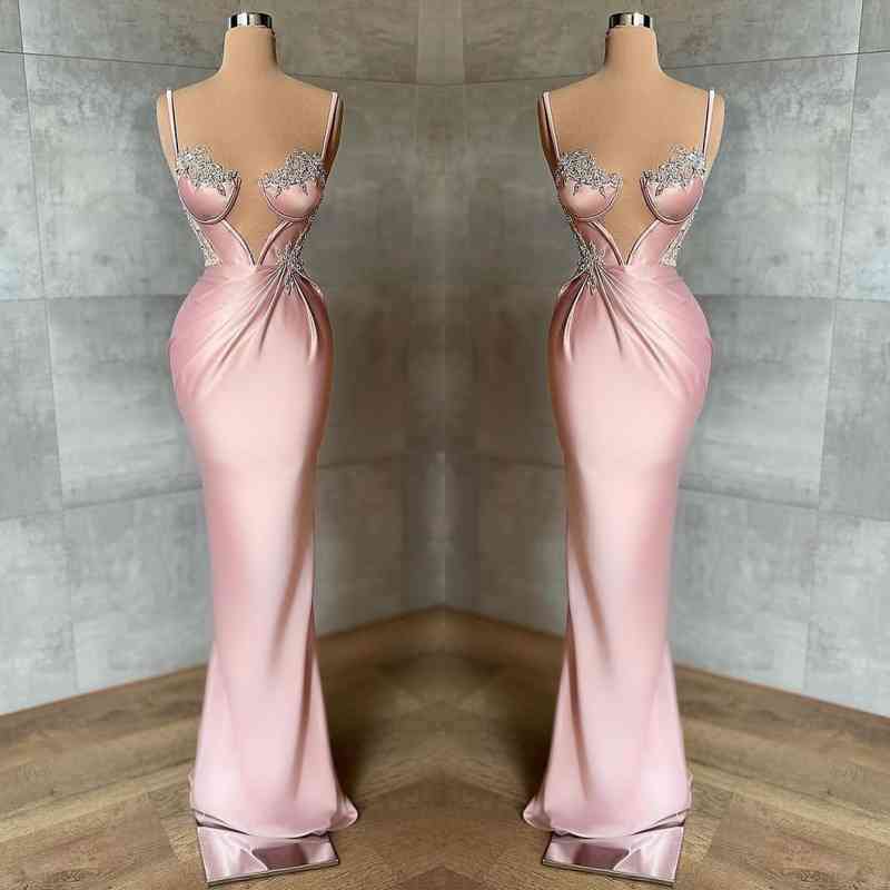 Pink Spaghetti-Straps Mermaid Prom Dresses Sleeveless With Appliques-Dbrbridal