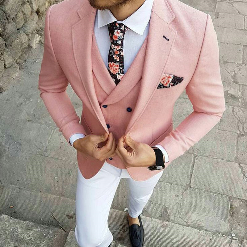 Pink Three-Pieces Slim Fit Notched Lapel Men's Prom Suits-Dbrbridal