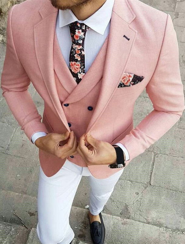 Pink Three-Pieces Slim Fit Notched Lapel Men's Prom Suits-Dbrbridal