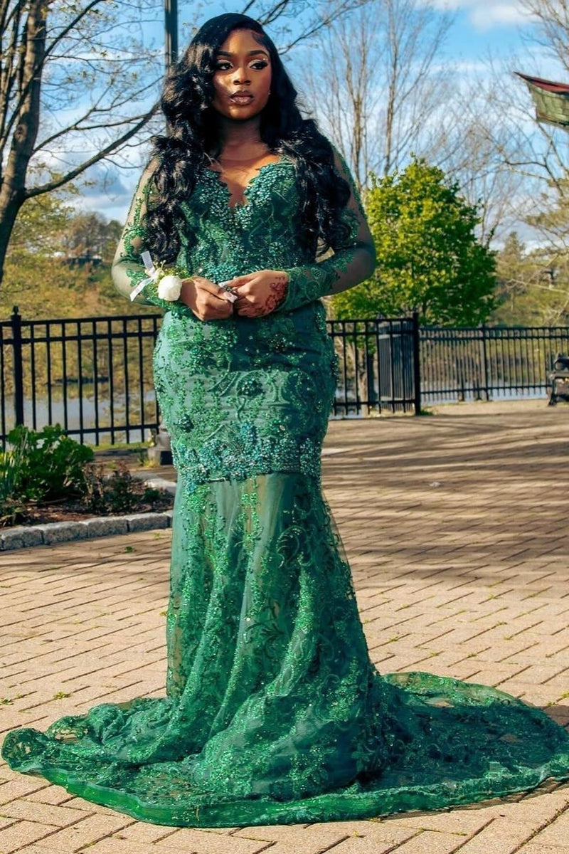 Plus Size Dark Green Lace Appliques Mermaid V-Neck Prom Dress-Dbrbridal
