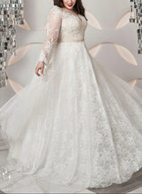 Plus Size Lace Long Sleeves Chic A-line Wedding Dresses Illusion Neck-Dbrbridal