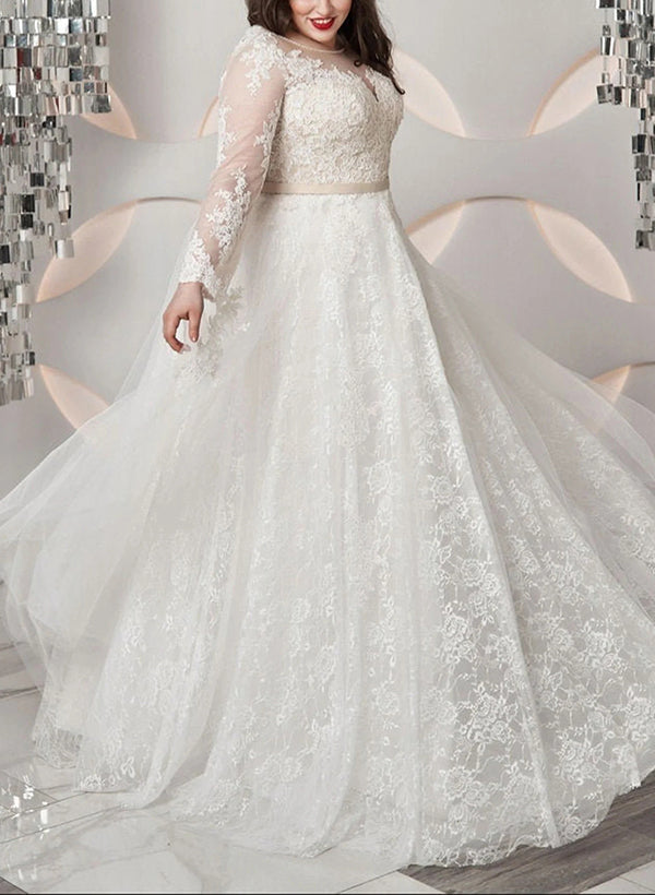Plus Size Lace Long Sleeves Chic A-line Wedding Dresses Illusion Neck-Dbrbridal