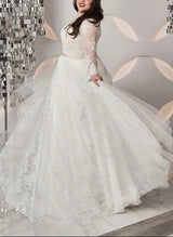 Plus Size Lace Long Sleeves Chic A-line Wedding Dresses Illusion Neck-Dbrbridal