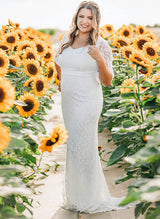 Plus Size Sheath Fitted V-Neck Half Sleeves Sweep Train Lace Wedding Dresses-Dbrbridal